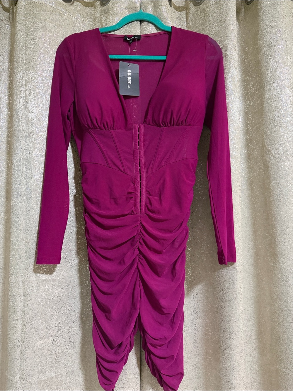 Allure Fuchsia Long-Sleeve Ruched V-Neck Midi Dress Short